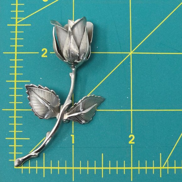 Vintage Rose Brooch Silver Tone Floral Statement Pin 1980s Costume Jewelry - Picture 13 of 15